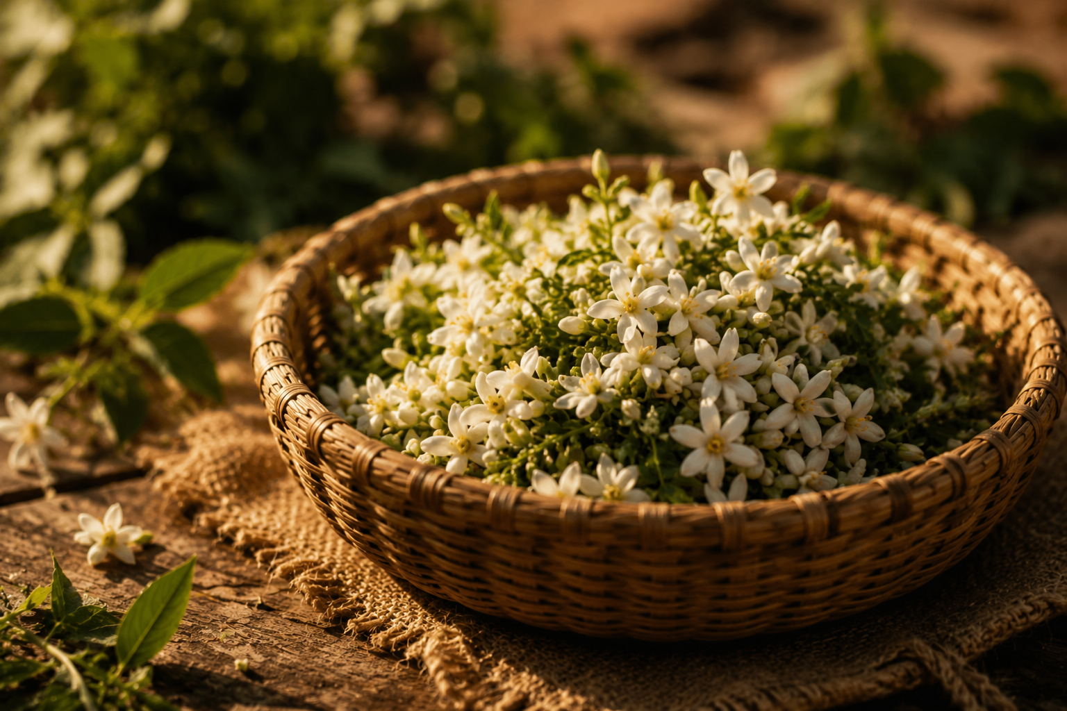Basket of white jasmine flowers